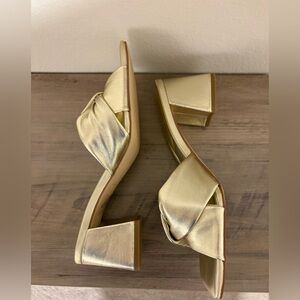Marc Fisher Metallic Gold Twisted Strap Block Heel Slides